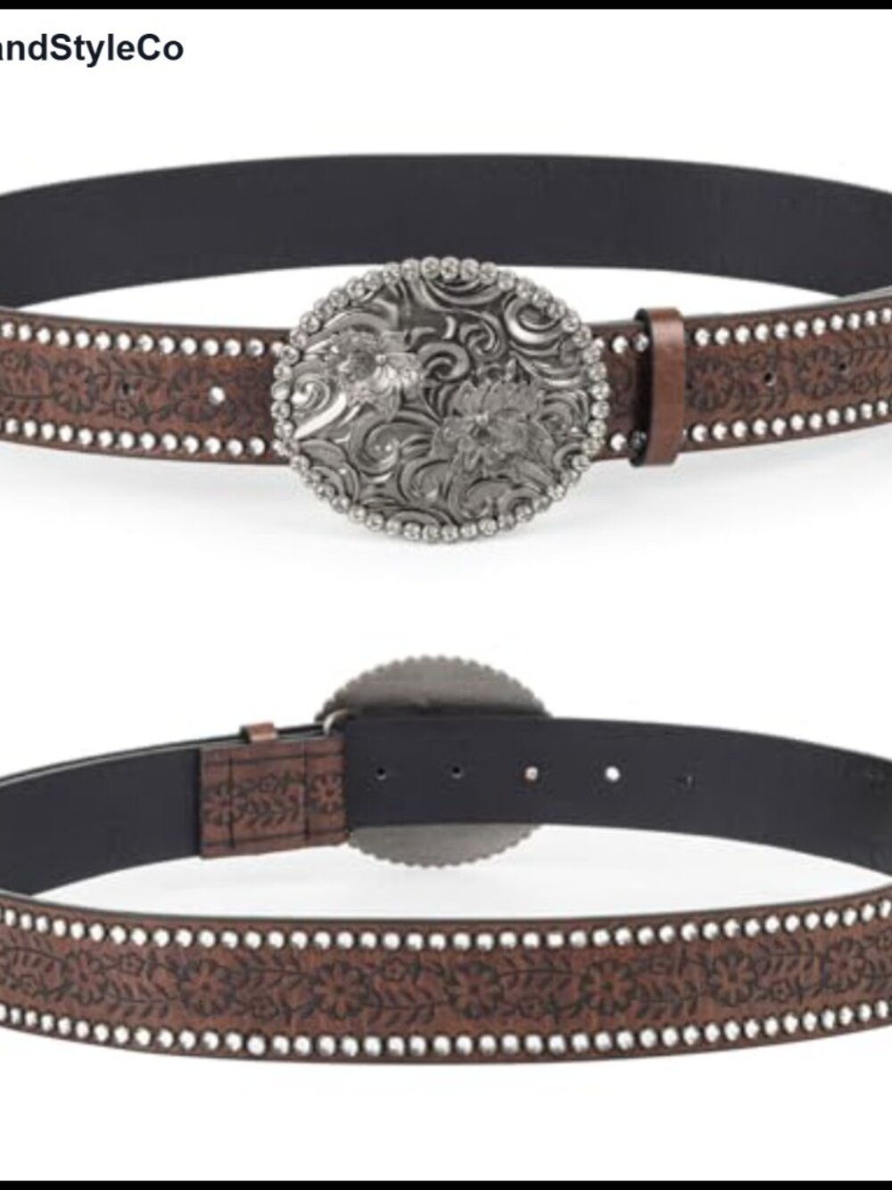 PU-Leather Floral Western Belt Diamond Buckle Cowgirl Belt for Women 28-38 Waist - Picture 4 of 6